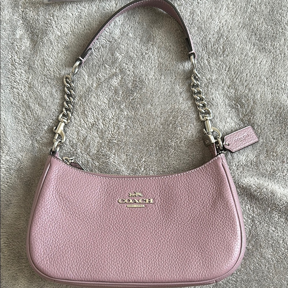 Coach Pink Pebbled Leather Shoulder Bag with Silver Chain